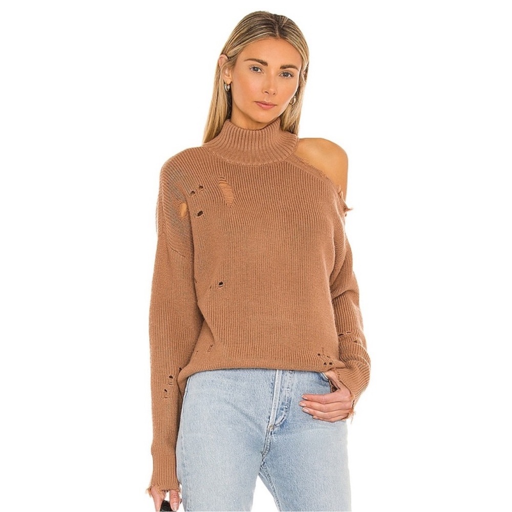 Revolve Lovers +‎ Friends Arlington Sweater Distressed Camel Destroyed Blogger M